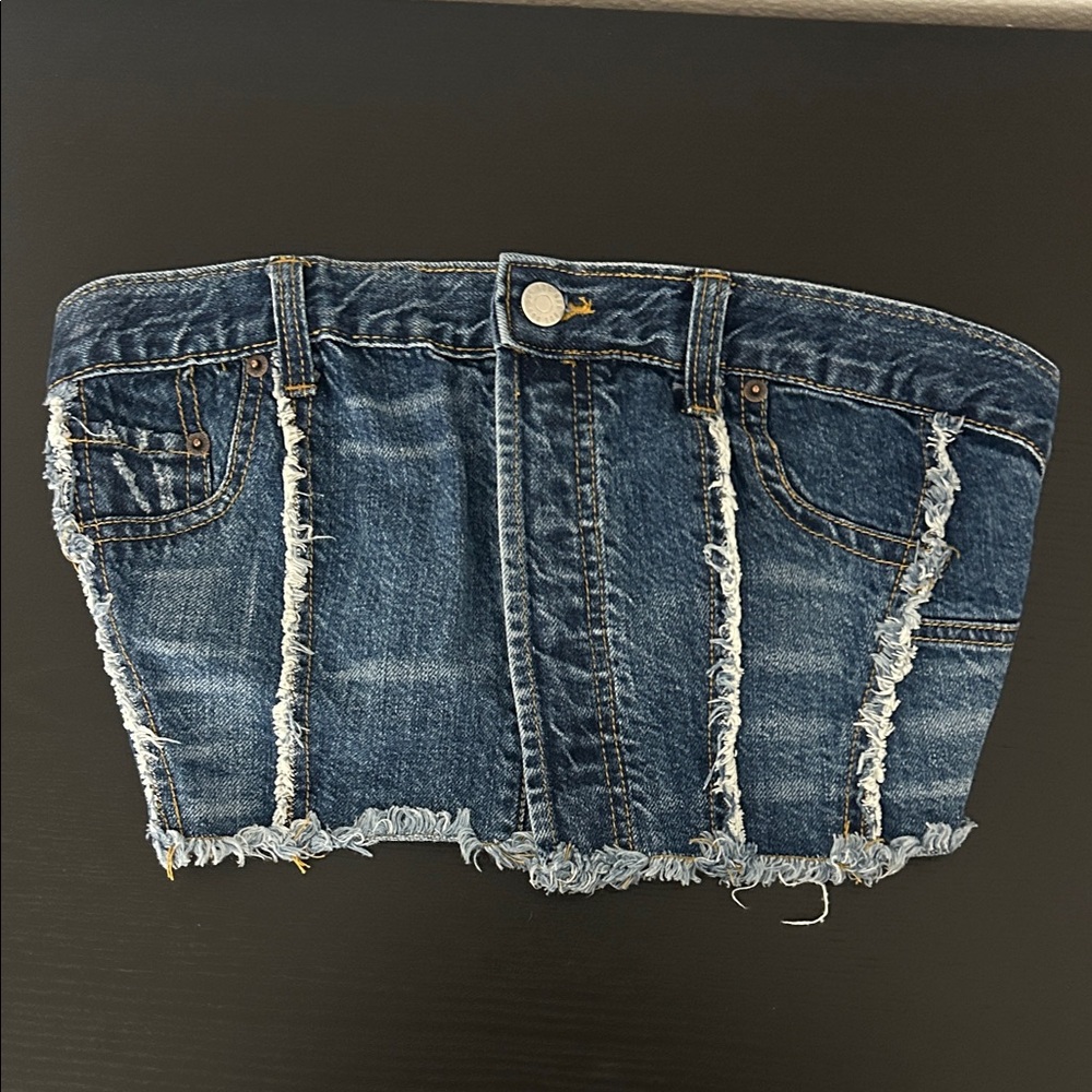 BDG Denim Frayed Bustier Top